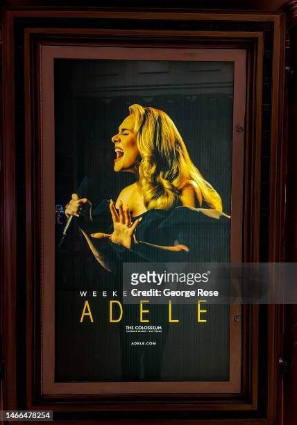 Billboard promoting the Weekends With Adele concerts is viewed outside the Caesars Colosseum entertainment venue at Caesars Palace Hotel & Casino on...