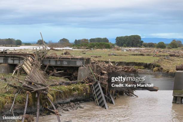 Damage to the railway line in Awatoto is seen following Cyclone Gabrielle on February 16, 2023 in Napier, New Zealand. Cyclone Gabrielle has caused...
