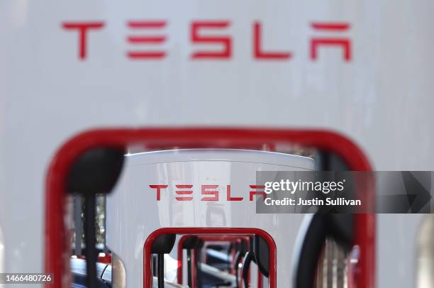 View of Tesla Superchargers on February 15, 2023 in San Rafael, California. Electric car company Tesla is partnering with the U.S. Federal government...