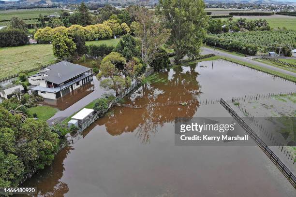 Aerial view of flooding in Meeanee following Cyclone Gabrielle on February 16, 2023 in Napier, New Zealand. Cyclone Gabrielle has caused widespread...