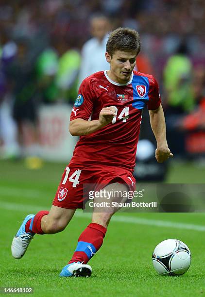 Vaclav Pilar of Czech Republic runs with the ball during the UEFA EURO 2012 quarter final match between Czech Republic and Portugal at The National...