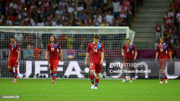 Vaclav Pilar of Czech Republic and team mates look dejected after conceding the opening goal during the UEFA EURO 2012 quarter final match between...