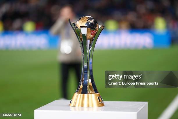 Detail of the Club World Cup trophy during the spanish league, La Liga Santander, football match played between Real Madrid and Elche CF at Santiago...