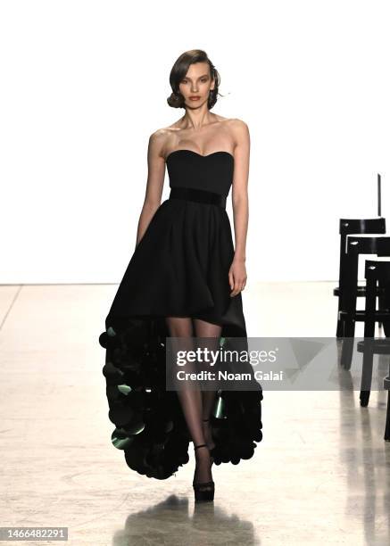Model walks the runway at the Badgley Mischka show during New York Fashion Week: The Shows at at Gallery at Spring Studios on February 15, 2023 in...