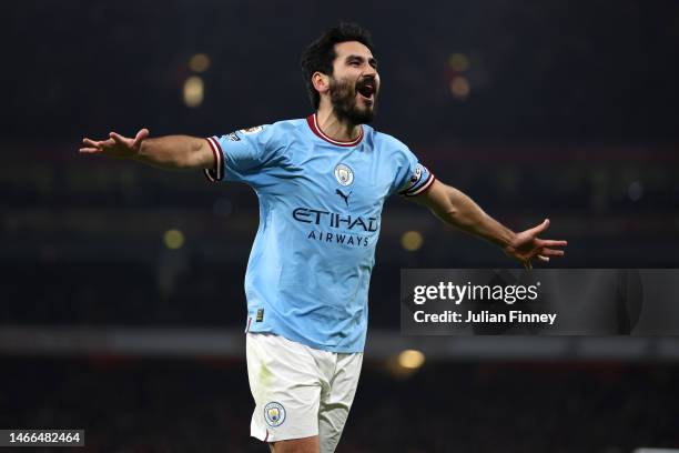 Ilkay Guendogan of Manchester City celebrates after Erling Haaland of Manchester City scores their side's third goal during the Premier League match...
