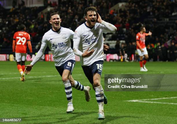 Troy Parrott of Preston North End celebrates after scoring their sides first goal from the penalty spot during the Sky Bet Championship between...