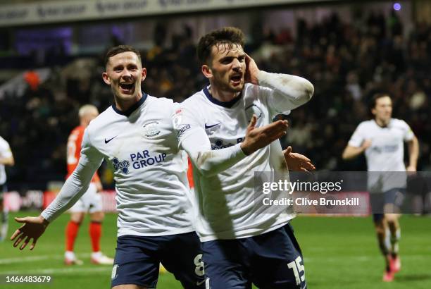 Troy Parrott of Preston North End celebrates after scoring their sides first goal from the penalty spot during the Sky Bet Championship between...