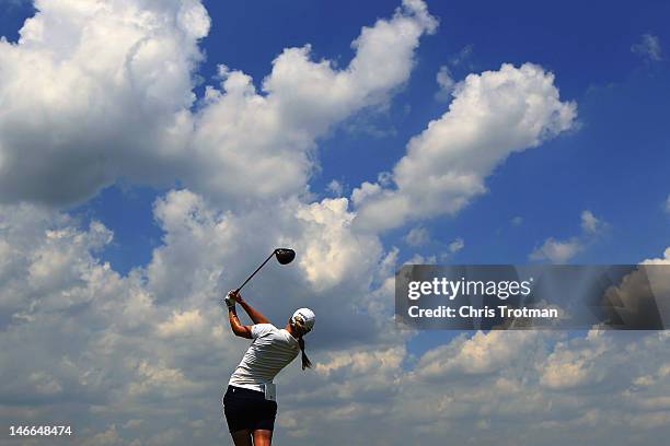 Azahara Munoz of Spain hits her tee shot on the 14th hole of the first round in the Manulife Financial LPGA Classic at Grey Silo Golf Course on June...