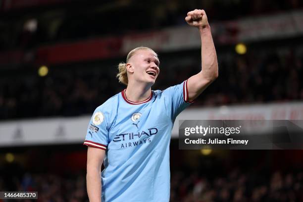 Erling Haaland of Manchester City celebrates after the Premier League match between Arsenal FC and Manchester City at Emirates Stadium on February...