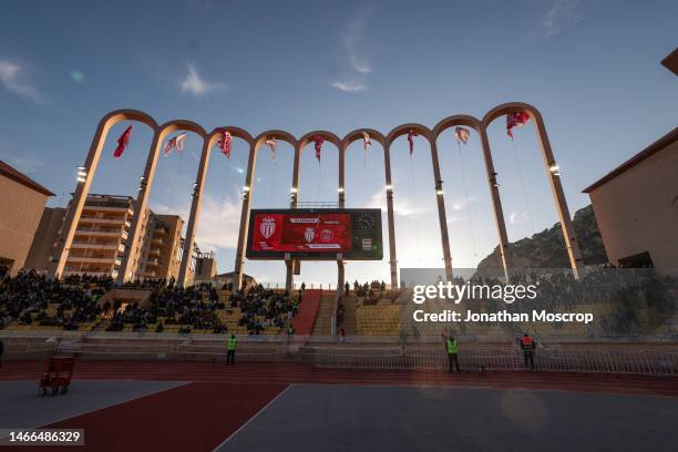The iconic arches of the stadium as the sun sets during the Ligue 1 match between AS Monaco and Paris Saint-Germain at Stade Louis II on February 11,...