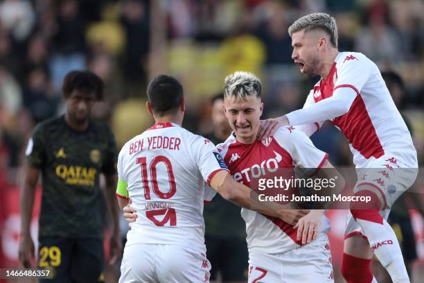 Aleksandr Golovin of AS Monaco celebrates with team mates after scoring to give the side a 1-0 lead during the Ligue 1 match between AS Monaco and...