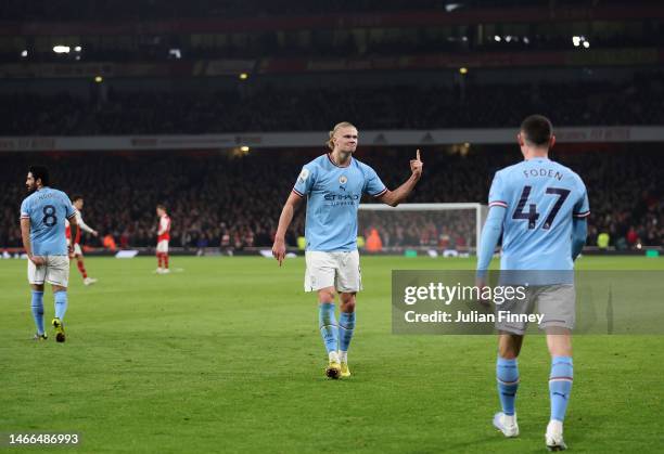 Erling Haaland of Manchester City celebrates after scoring the team's second goal during the Premier League match between Arsenal FC and Manchester...