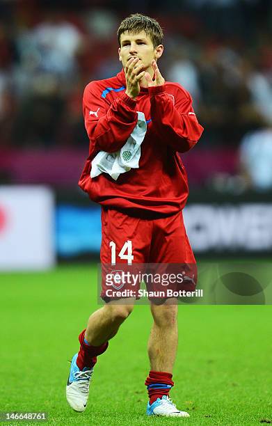 Dejected Vaclav Pilar of Czech Republic after defeat in the UEFA EURO 2012 quarter final match between Czech Republic and Portugal at The National...