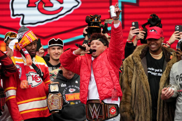 Patrick Mahomes of the Kansas City Chiefs celebrates during the Kansas City Chiefs Super Bowl LVII victory parade on February 15, 2023 in Kansas...