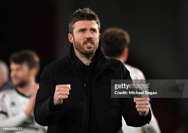 Michael Carrick, Manager of Middlesbrough, celebrates victory following the Sky Bet Championship between Sheffield United and Middlesbrough at...
