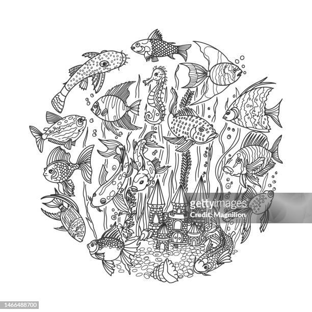 fish and castle, sea life, underwater seascape, underwater world, fish, treasures doodles - shipwreck vector stock illustrations