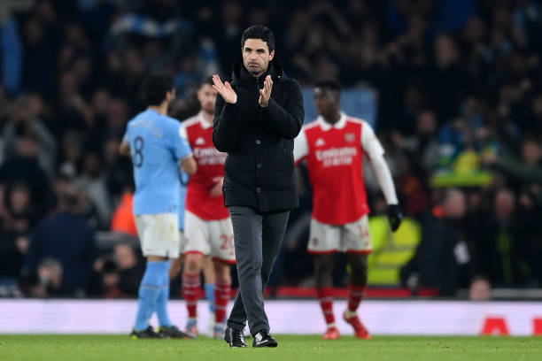 Mikel Arteta, Manager of Arsenal, applauds their fans after the Premier League match between Arsenal FC and Manchester City at Emirates Stadium on...