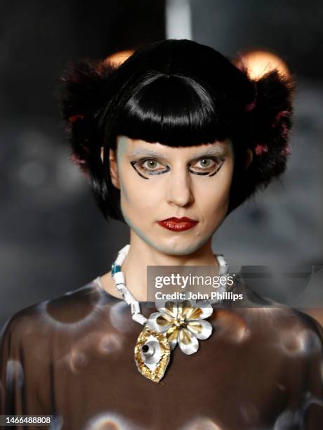 Model walks the runway during the VIN & OMI "Spaced" show ahead of London Fashion Week at One Hundred Shoreditch on February 15, 2023 in London,...