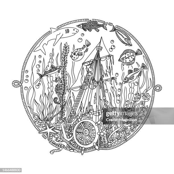 fisch und versunkenes schiff, meereslebewesen, unterwasserwelt, fische, schätze doodles - windjammer stock-grafiken, -clipart, -cartoons und -symbole