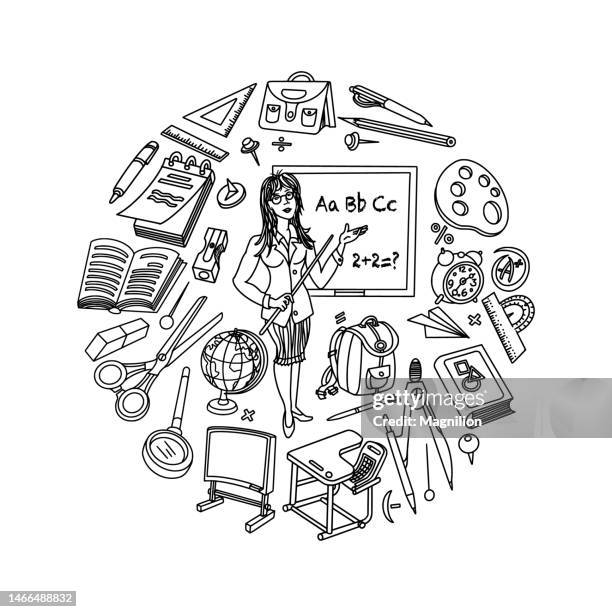 school and education doodle set circle composition - desk of student alarm clock books and pencils stock illustrations