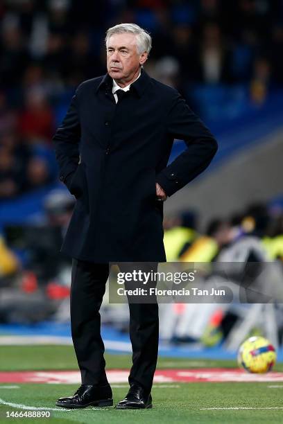 Carlo Ancelotti, Manager of Real Madrid, looks on during the LaLiga Santander match between Real Madrid CF and Elche CF at Estadio Santiago Bernabeu...