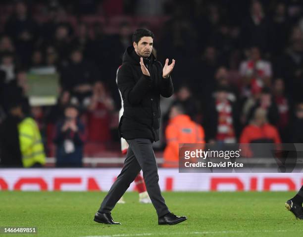 Mikel Arteta the Arsenal Manager claps the fans after the Premier League match between Arsenal FC and Manchester City at Emirates Stadium on February...