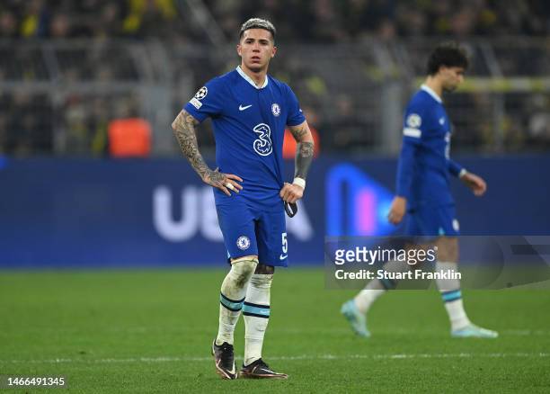 Enzo Fernandez of Chelsea looks dejected during the UEFA Champions League round of 16 leg one match between Borussia Dortmund and Chelsea FC at...