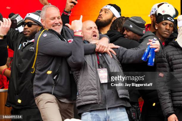 Dave Toub and Matt Nagy celebrate on stage during the Kansas City Chiefs Super Bowl LVII victory parade on February 15, 2023 in Kansas City, Missouri.
