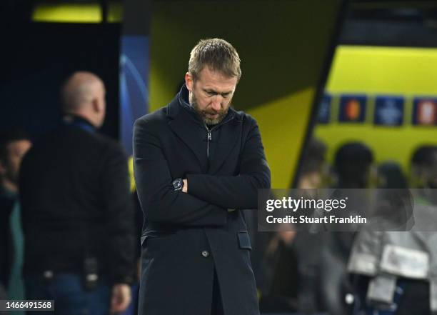 Graham Potter, Manager of Chelsea, looks on during the UEFA Champions League round of 16 leg one match between Borussia Dortmund and Chelsea FC at...