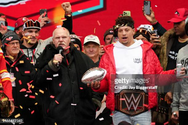Head coach Andy Reid and Patrick Mahomes of the Kansas City Chiefs celebrate on stage during the Kansas City Chiefs Super Bowl LVII victory parade on...