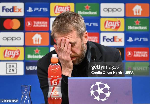 Graham Potter, Manager of Chelsea, reacts during the Chelsea Press Conference following the UEFA Champions League round of 16 leg one match between...