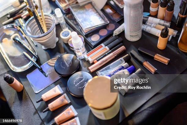 View of the makeup table backstage at the House of Aama fashion show during New York Fashion Week February 2023 on February 15, 2023 in New York City.