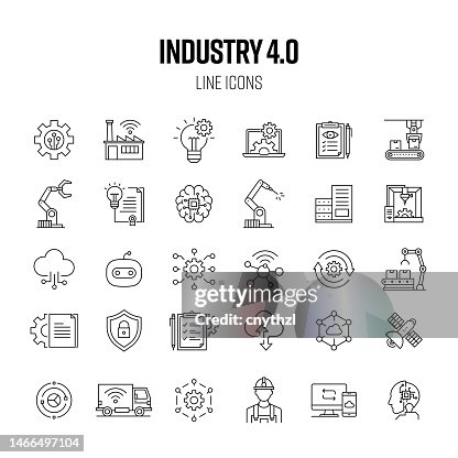 Conjunto de iconos de línea de Industria 4.0. Automatización, Internet, conexión, base de datos, aprendizaje automático, fabricación. Conjunto de iconos de línea de Industria 4.0. Automatización, Internet, conexión, base de datos, aprendizaje automático, fabricación.