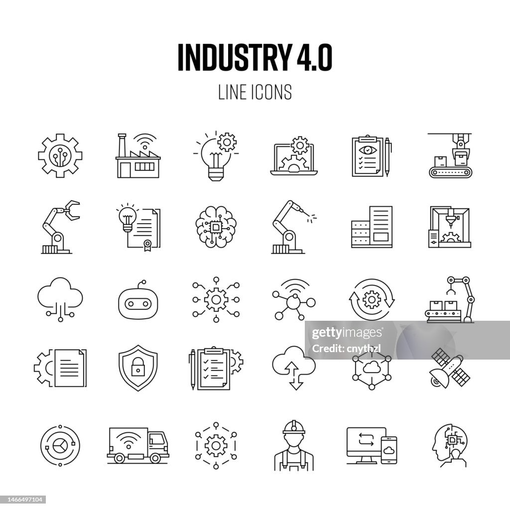 Jeu d’icônes de ligne Industrie 4.0. Automatisation, Internet, Connexion, Base de données, Machine Learning, Fabrication.