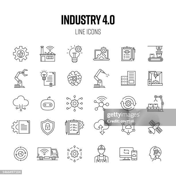 ilustrações, clipart, desenhos animados e ícones de conjunto de ícones de linha da indústria 4.0. automação, internet, conexão, banco de dados, machine learning, manufatura. - industria