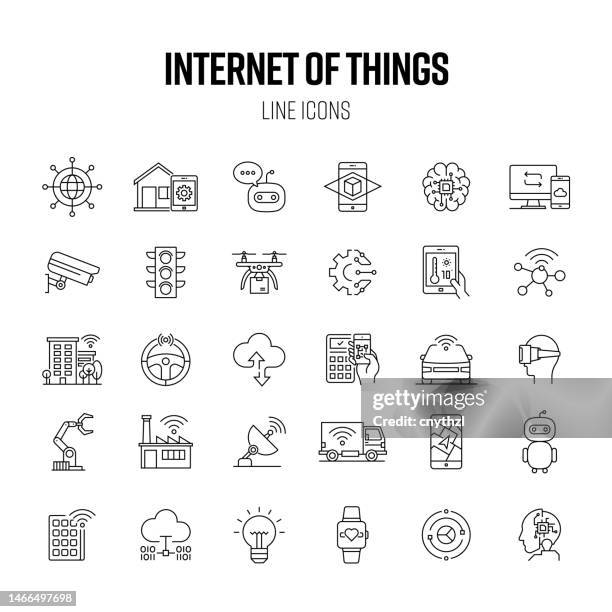 ilustraciones, imágenes clip art, dibujos animados e iconos de stock de conjunto de iconos de línea de internet de las cosas. tecnología, conexión, automatización, internet, digitalización. - internet of things