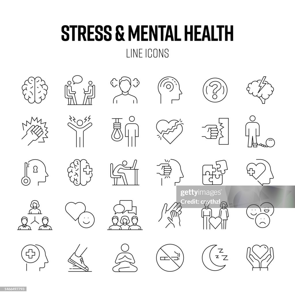 Stress and Mental Health Line Icon Set. Anxiety, Overworked, Depression, Psychology.