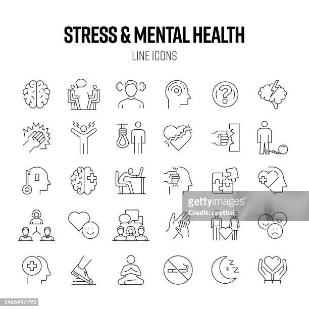 stress and mental health line icon set. anxiety, overworked, depression, psychology. - mindfulness 幅插畫檔、美工圖案、卡通及圖標