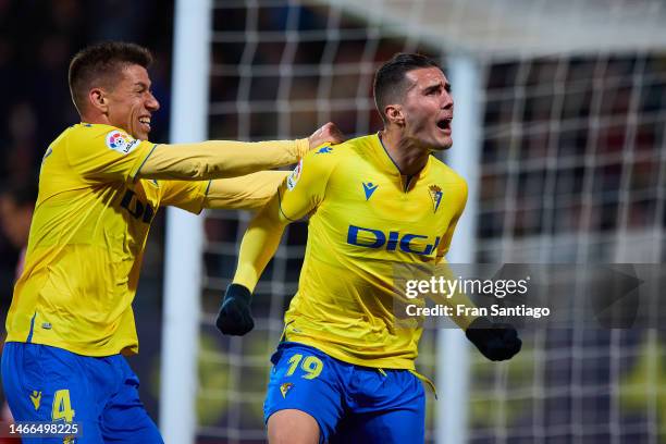 Sergi Guardiola of Cadiz CF celebrates scoring the teams second goal during the LaLiga Santander match between Cadiz CF and Girona FC at Estadio...