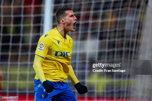 Sergi Guardiola of Cadiz CF celebrates scoring the teams second goal during the LaLiga Santander match between Cadiz CF and Girona FC at Estadio...