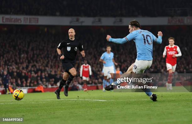 Jack Grealish of Manchester City scores the team's second goal during the Premier League match between Arsenal FC and Manchester City at Emirates...