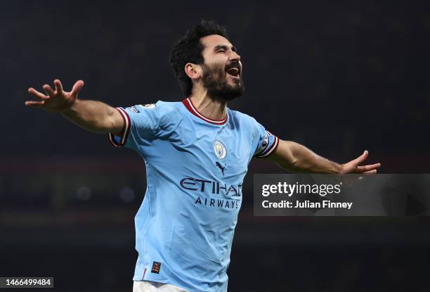 Ilkay Guendogan of Manchester City celebrates after Erling Haaland of Manchester City scores their side's third goal during the Premier League match...