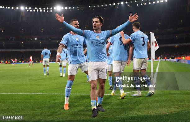 Jack Grealish of Manchester City celebrates scoring the team's second goal during the Premier League match between Arsenal FC and Manchester City at...