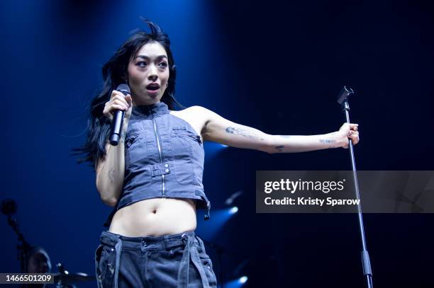 Rina Sawayama performs onstage at L'Olympia on February 15, 2023 in Paris, France.