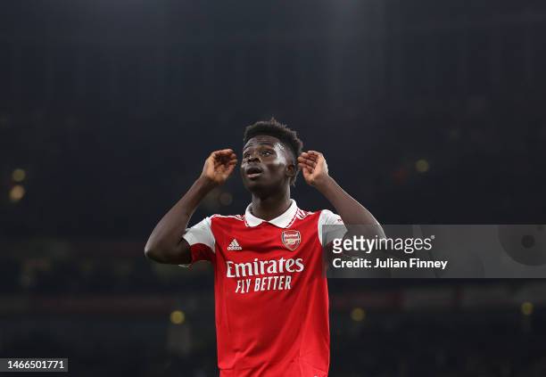 Bukayo Saka of Arsenal reacts during the Premier League match between Arsenal FC and Manchester City at Emirates Stadium on February 15, 2023 in...