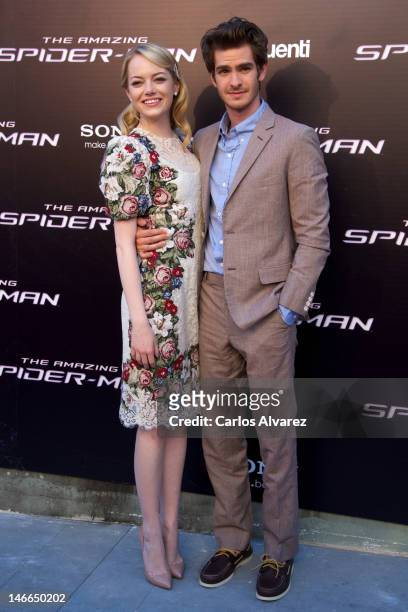 Actor Andrew Garfield and actress Emma Stone attend "The Amazing Spider-Man" premiere at Callao cinema on June 21, 2012 in Madrid, Spain.