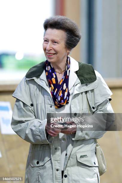 Princess Anne, Princess Royal looks on during a visit to the Riding for the Disabled Association on February 16, 2023 in Wellington, New Zealand. Her...