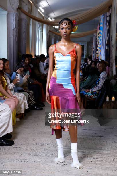 Model walks the runway wearing House of Aama during New York Fashion Week 2023 on February 15, 2023 in New York City.
