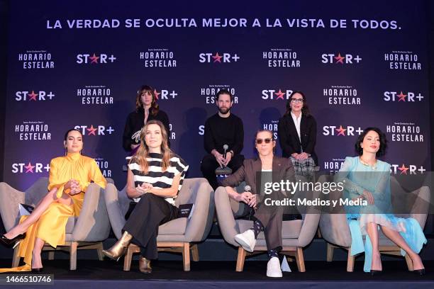 Ela Velden, Pamela Almanza, Dominika Paleta, Luis Arrieta, Oscar Jaenada, Blanca Guerra and Maya Zapata attend a press conference to present the...