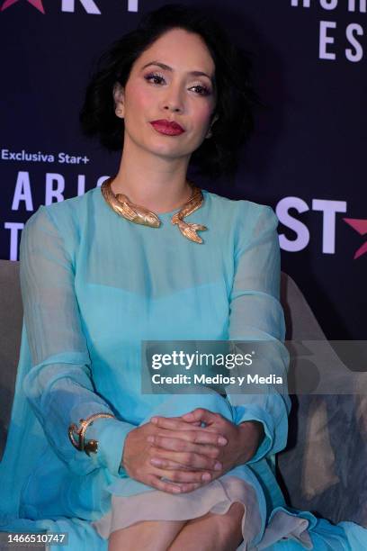 Maya Zapata listens during a press conference for the series "Horario Estelar" on Star+ on February 15, 2023 in Mexico City, Mexico.